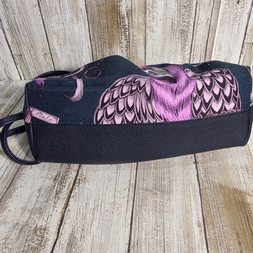 Vintage Navy Leather & Purple Bird Print Reversible Frame Clutch Crossbody Bag - Picture 2 of 6